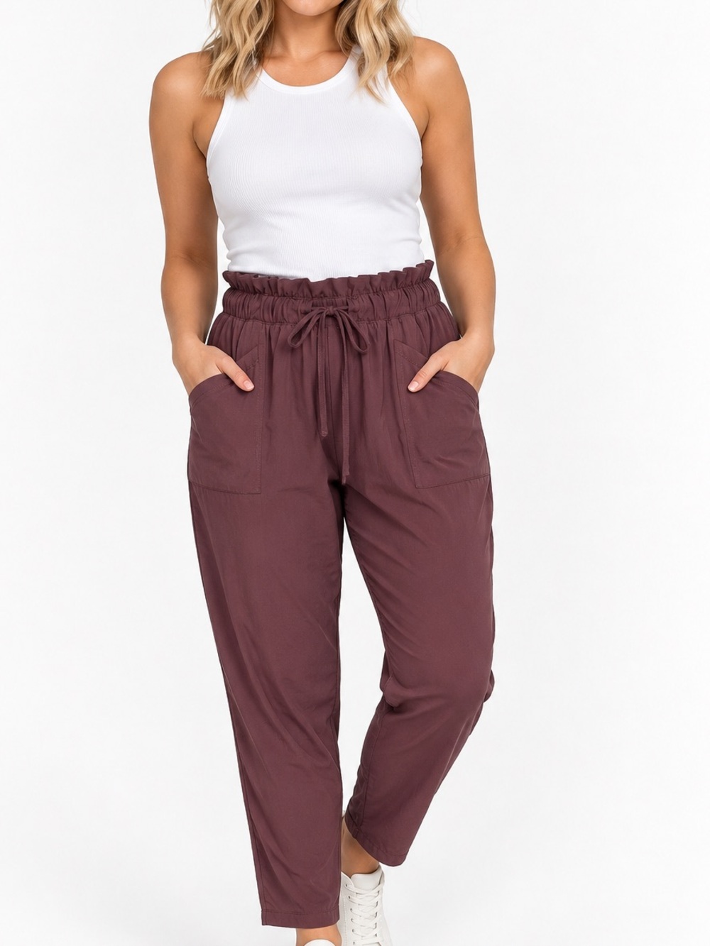 Z by Zella Medium Mauve Paperbag Waist Pull On Pants Pockets Tapered